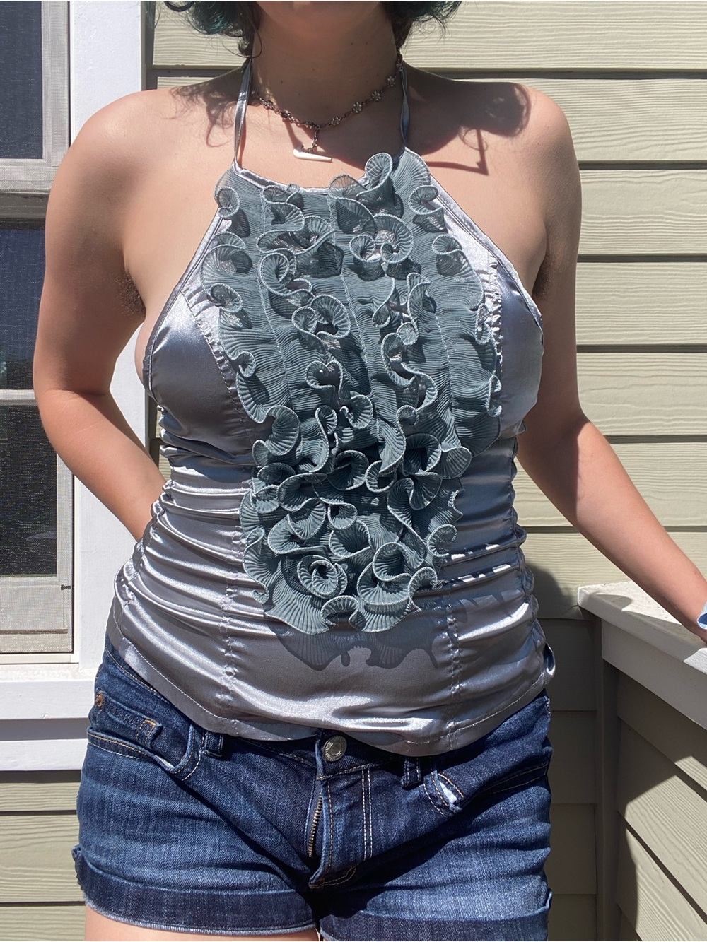 Satin Ruffle Silver Halter Cami Y2K Going Out Top